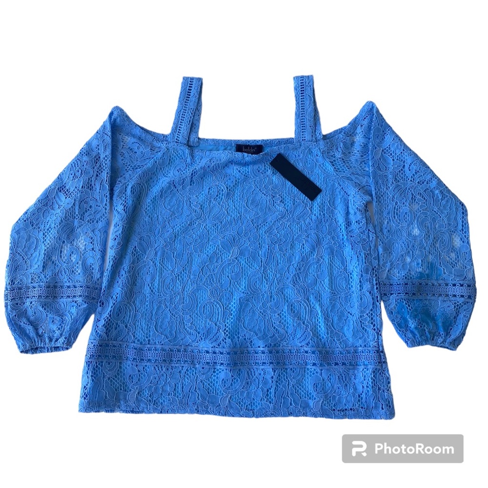 Belldini Cold Shoulder Lace Top Blouse Lined Light Blue Woman’s Medium
